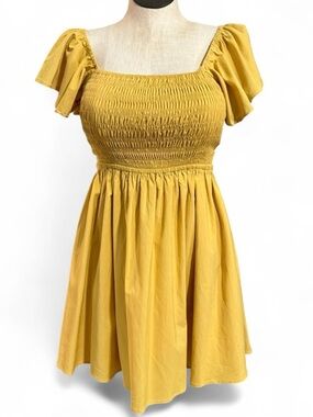 Main Strip The Game Day Flutter Mini Gold Smocked Dress